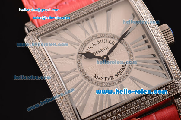 Franck Muller Master Square Swiss Quartz Steel Case Diamond Bezel with Pink Leather Strap and White Dial - Click Image to Close